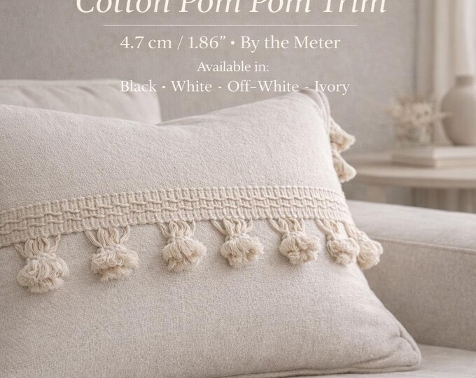 Cotton Pom Pom Trim 4.7cm (1.86") | Onion Fringe Trim for Curtains & Cushions | Soft Bobble Fringe | Decorative Upholstery Trim by the Meter