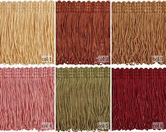Könnte beinhalten: Sechs Muster von Fransenbesatz in verschiedenen Farben: Beige, Rost, Braun, Rosa, Olivgrün und Burgunder.