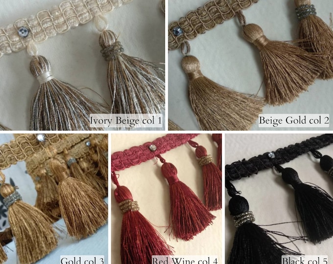 Beaded Trim Fringe |10cm-3.94" height | Diamond Collection | Gold Fringe Trimming with crystal beads and strass