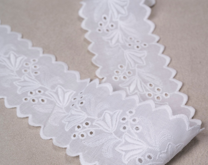 White Vintage Cotton Lace Ribbon Trim|6.5cm wide Cotton Crochet Trim | Broderie Anglaise Eyelet Lace Trim Sold by meter