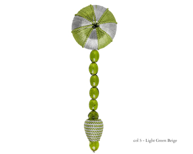 Green Light Grey Tassel With Beads and Crystals|11cm-4.33 inches Height with Rosette 5cm-2 inches