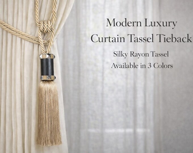 Luxury Curtain Tassel Tieback | Rayon Tassel Drapery Holdback | Black Metal Wood Curtain Tie Back | 3 Colors Available