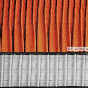 May include: Two fabric samples are shown. The top one is orange with vertical pleats, and the bottom one is white with a grid design. Text indicates measurements of 4cm, 6.5cm, and 8cm.