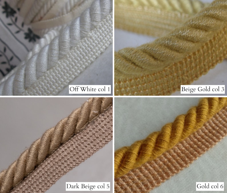 May include: Close-up of four decorative trim samples. Colors include off-white, beige gold, dark beige, and gold. Each trim features a twisted rope design with a woven edge. The text labels each color: "Off White col 1", "Beige Gold col 3", "Dark Beige col 5", and "Gold col 6".