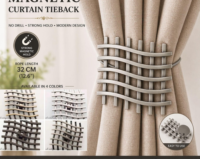 Magnetic Curtain Tieback | Modern Criss Cross Metal Holdback | No Drill Drapery Holder | Decorative Curtain Clip