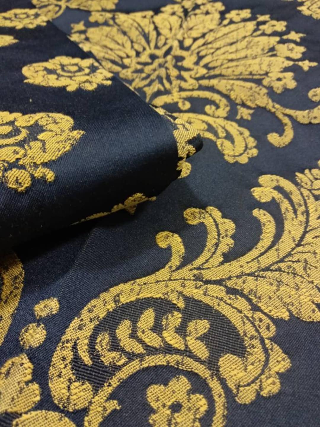 Blue Gold Classic Jacquard Cotton Upholstery Fabric Double Height 280