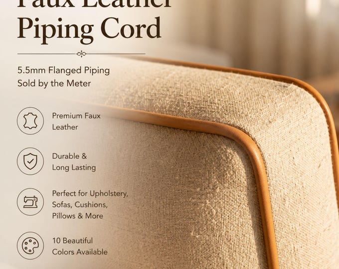 Faux Leather Piping Cord 5.5mm | Upholstery Flanged Piping Trim for Sofa, Cushions & Furniture | Decorative Sewing Cord | 10 Colors