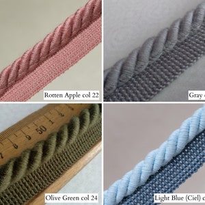 May include: Close-up of four samples of decorative rope trim in various colors. The colors include Rotten Apple, Gray, Olive Green, and Light Blue. Each trim has a twisted rope design with a woven edge. The text on the image indicates the color names.