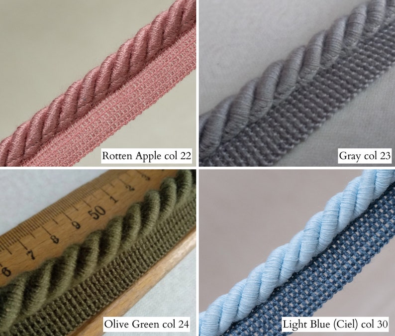 May include: Close-up of four samples of decorative rope trim in various colors. The colors include Rotten Apple, Gray, Olive Green, and Light Blue. Each trim has a twisted rope design with a woven edge. The text on the image indicates the color names.