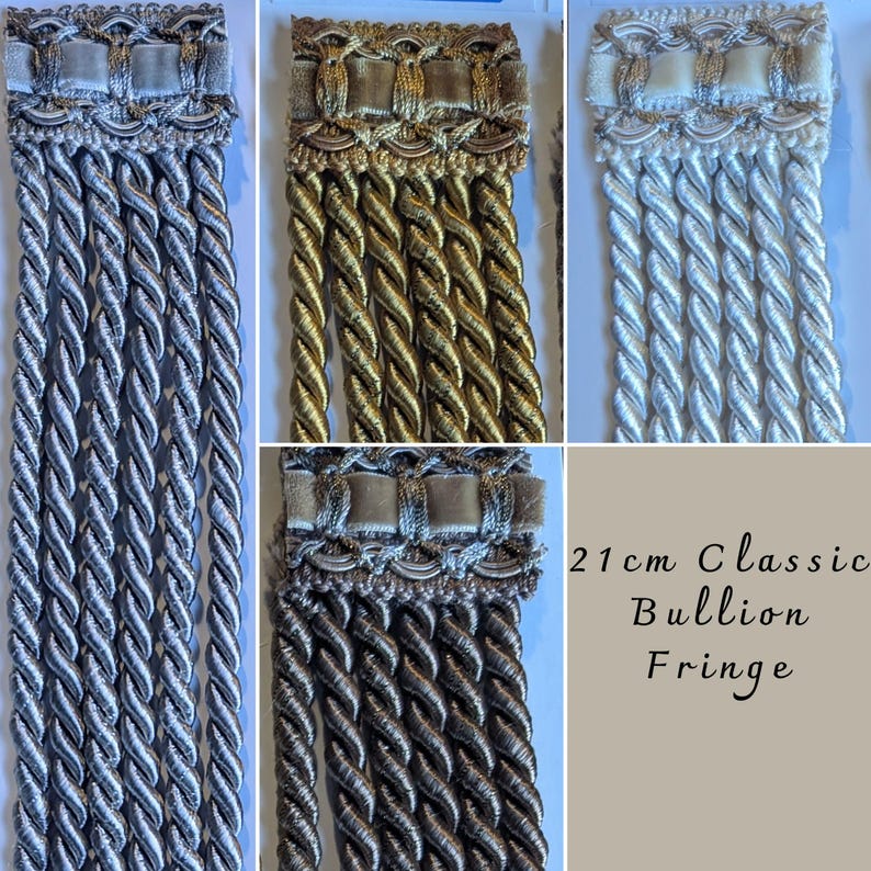Pu&ograve; includere: Quattro campioni di frangia a bullion classica da 21 cm in argento, oro, peltro e bianco. La frangia &egrave; realizzata con cordoni intrecciati con una parte superiore decorativa.