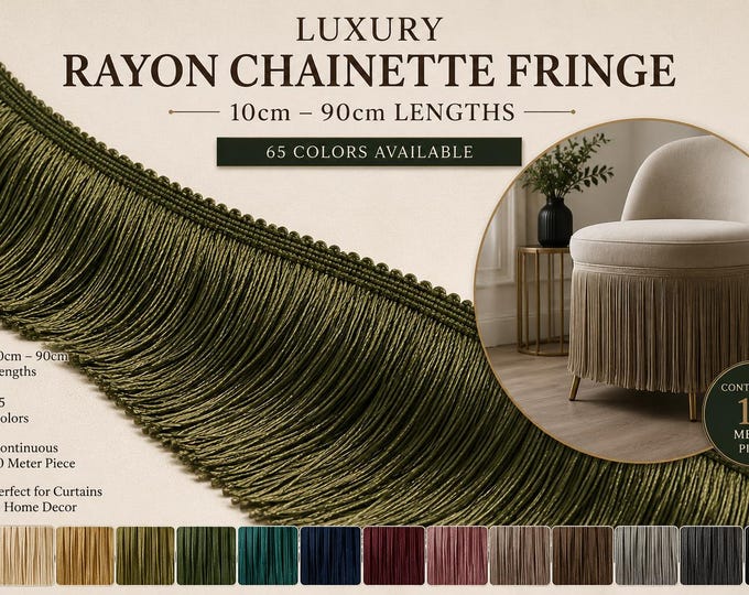 Luxury Rayon Chainette Fringe Trim | 10cm–90cm Curtain & Upholstery Fringe | 10 Meter Continuous Piece