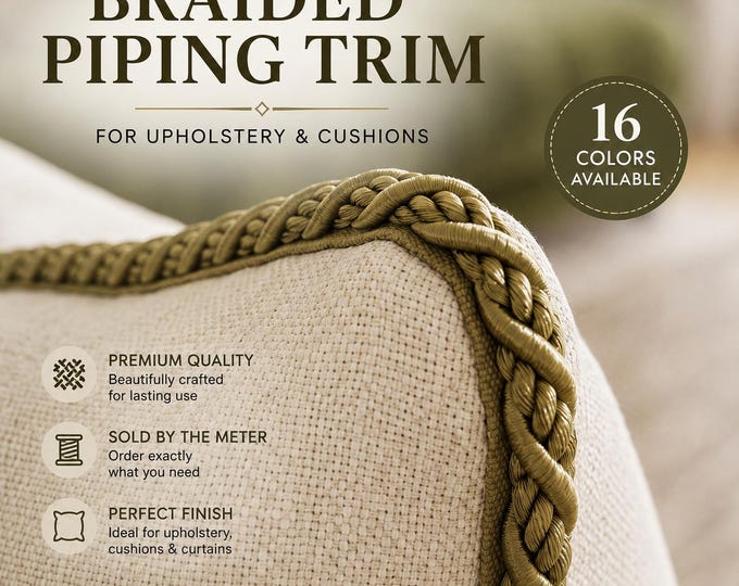 Braided Piping Trim 9mm | Triple Cord Upholstery Trim for Cushions, Curtains & Furniture | 16 Colors