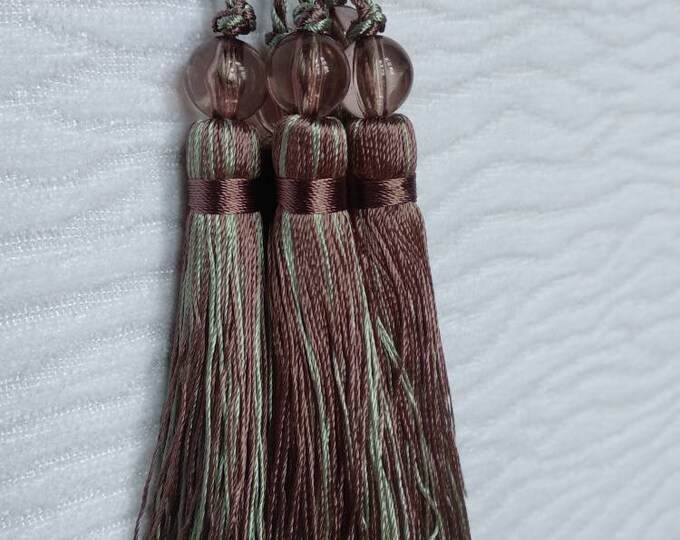 Gray Brown Light Green Mini Tassel With Beads | 9cm-3.54 inches Height With Loop | Silky Colorful Tassel