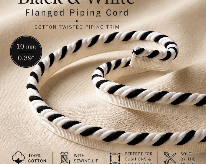 Black & White Cotton Piping Cord 10mm | Twisted Flanged Upholstery Trim | Decorative Cord for Cushions, Pillows  Furniture