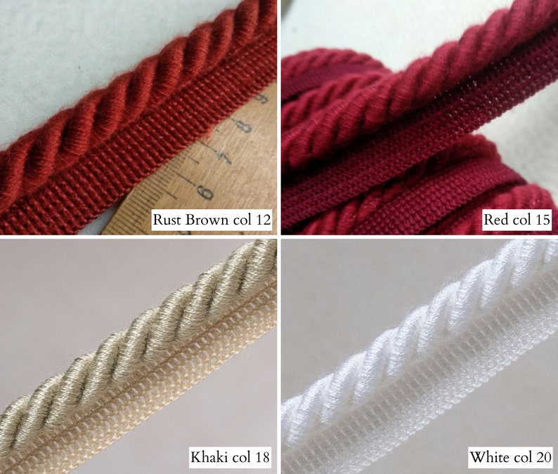 May include: Close-up of four samples of decorative rope trim in various colors. The colors include rust brown, red, khaki, and white. Each trim has a twisted rope design with a woven edge. The text "Rust Brown col 12", "Red col 15", "Khaki col 18", and "White col 20" are visible.