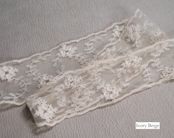 Floral Crochet Lace Embroidered tulle Ribbon Trim |7cm-2.75" Width| Ivory Beige Antique Vintage Braid,Filet Pattern by the meter