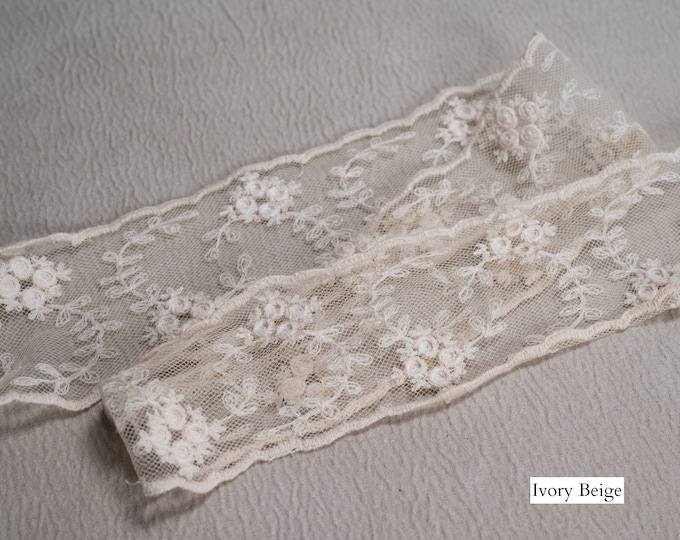 Floral Crochet Lace Embroidered tulle Ribbon Trim |7cm-2.75" Width| Ivory Beige Antique Vintage Braid,Filet Pattern by the meter