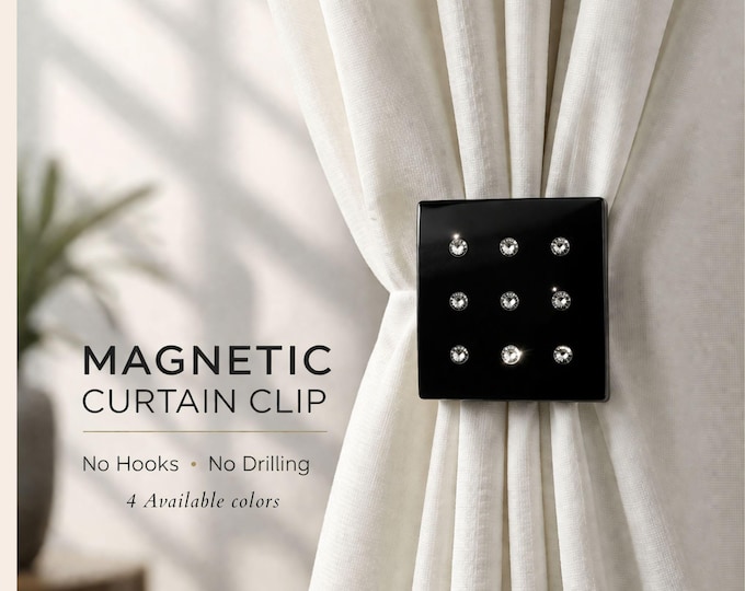 Square Magnetic Curtain Tieback with Crystals – No Drill Curtain Holder, Modern Wood Clip, Invisible Wire Holdback, Luxury Drapery Decor