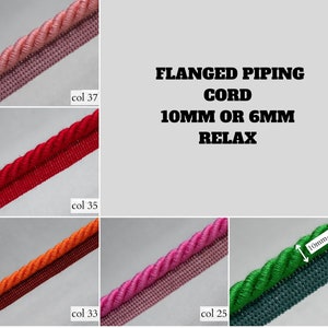May include: Flanged piping cord in various colors, including pink, red, orange, and green. The image shows close-ups of the cord with a 10mm or 6mm thickness. The text "FLANGED PIPING CORD" and "RELAX" are also visible.