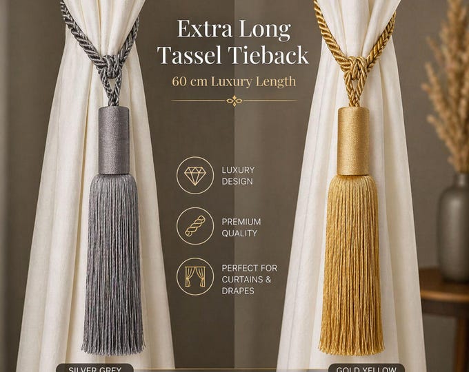 Extra Large 60cm Curtain Tassel Tieback | Luxury Silktouch Rope Holdback | Statement Long Drapery Tie Back