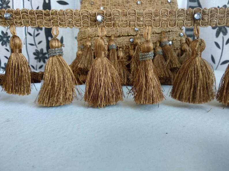 Gold Beaded trim fringe 9 cm height Gold fringe trimming with crystal beads and strass