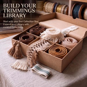 Pode incluir: Uma caixa de papelão marrom contendo vários carretéis e rolos de acabamentos decorativos, incluindo franjas, borlas e cordões trançados em tons de creme, marrom e dourado. O texto na caixa diz: BUILD YOUR TRIMMINGS LIBRARY.