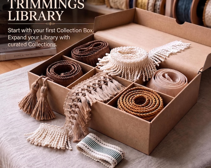 Designer Trim Sample Box | Choose Any 10 or 20 Samples | Curtain Trims, Tassels, Braids, Piping Cords & Upholstery Trims