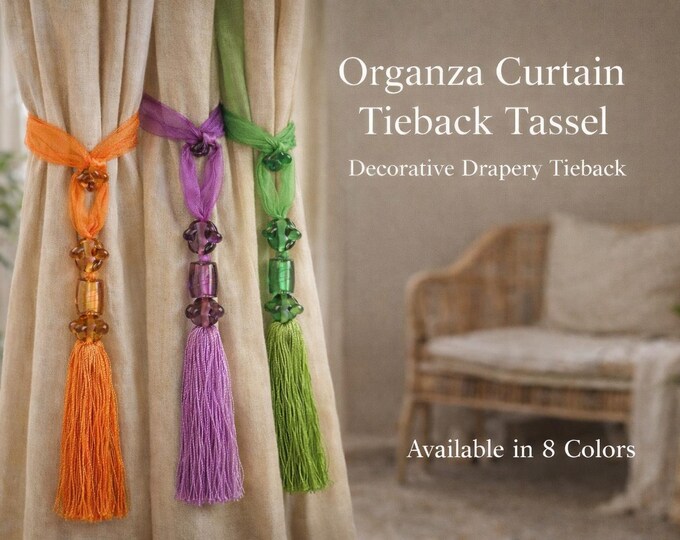 Organza Curtain Tieback Tassel with Beads | Decorative Drapery Holdback | Unique Curtain Tie Back | Window Curtain Accessory | 8 Colors