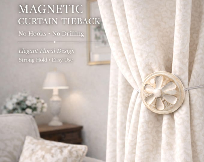 Ivory Gold Magnetic Curtain Tieback Floral Holdback No Drill Elegant Curtain Holder Classic Drapery Tie Back Luxury Decor