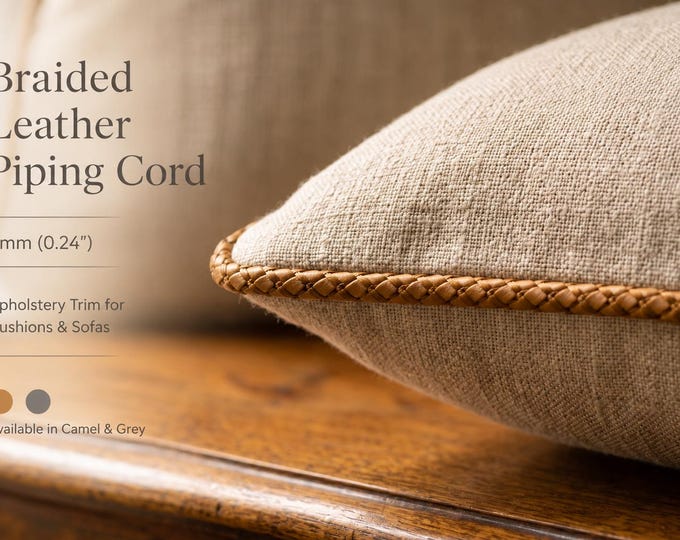 Braided Leather Piping Cord 6mm (0.24") | Upholstery Trim for Cushions Sofas | Decorative Cushion Edge Trim | Camel & Grey