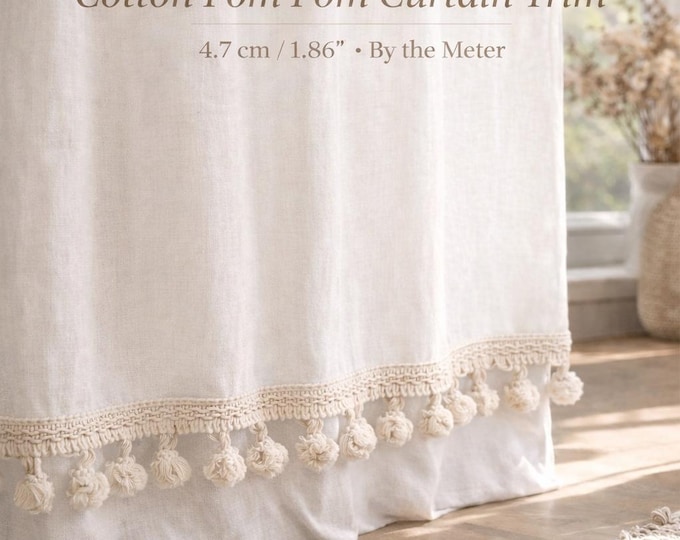 Pom Pom Curtain Trim 4.7cm (1.86") | Decorative Curtain Edge Trim by the Meter | Cotton Bobble Fringe Trim |Drapery Trim | Boho Curtain Trim