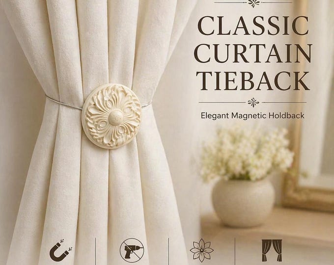 Ivory Magnetic Curtain Tieback – Classic Floral Holdback, Elegant Drapery Clip, No Drill Curtain Accessory