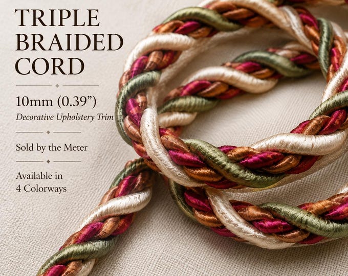 10mm Triple Braided Upholstery Piping Cord | Multi-Color Flanged Rayon Trim | Decorative Cord for Cushions, Sofa & Furniture