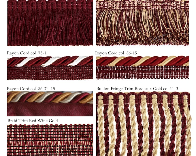 Red Wine Gold Fringe Trims Collection | Cords, Braid Gimps, Chainette Fringe, Bullion Fringe & more