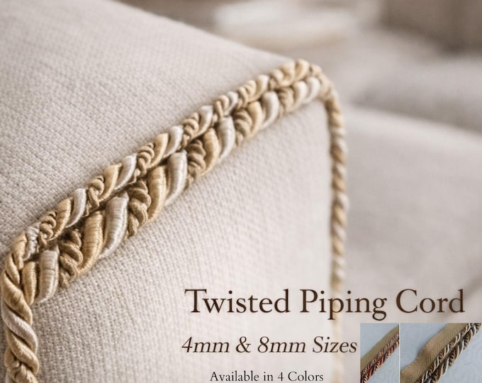 Twisted Flanged Piping Cord by the Meter – Decorative Upholstery Trim, 4mm & 8mm Rayon Cord, 4 Colors