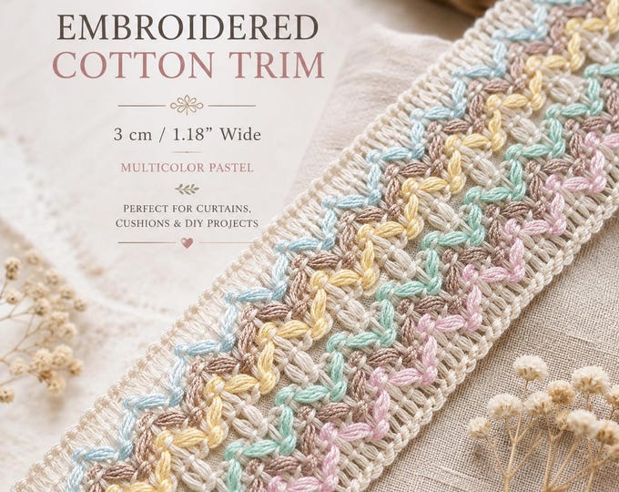 Multicolor Embroidered Lace Trim | 3cm Pastel Cotton Ribbon for Sewing, Cushions & Boho Decor