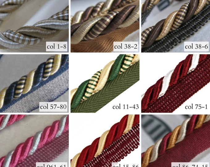 10mm (0.39") Rayon Flanged Piping Cord |Two Toned Twisted Cord for Cushions, Upholstery | Silky Piping Cord by the meter