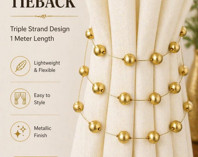 Gold Beaded Curtain Tieback 1 Meter | Metallic Triple Strand Tie Back | Elegant Curtain Holdback Lightweight Design