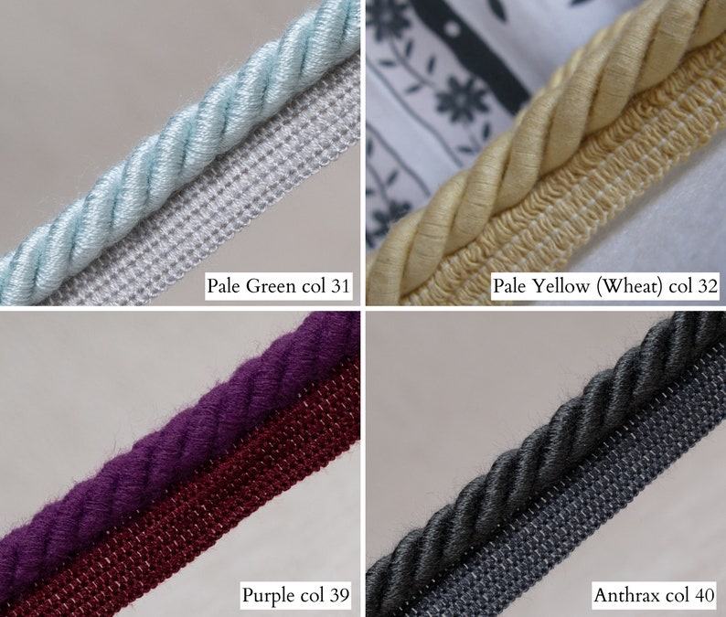 May include: Close-up of four different decorative cords. Pale green, pale yellow, purple, and anthracite colored cords are displayed. Each cord has a twisted rope design. The text "Pale Green col 31", "Pale Yellow (Wheat) col 32", "Purple col 39", and "Anthrax col 40" is included.
