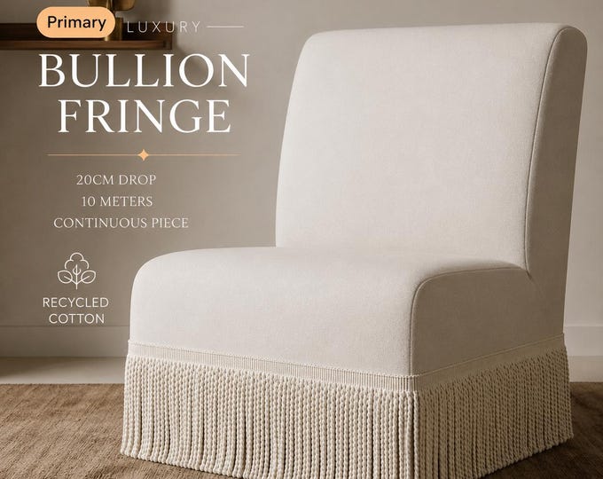 20cm Luxury Bullion Fringe Trim – Recycled Cotton Curtain & Upholstery Fringe – 10 Meter Continuous Piece – Ivory Passmenterie