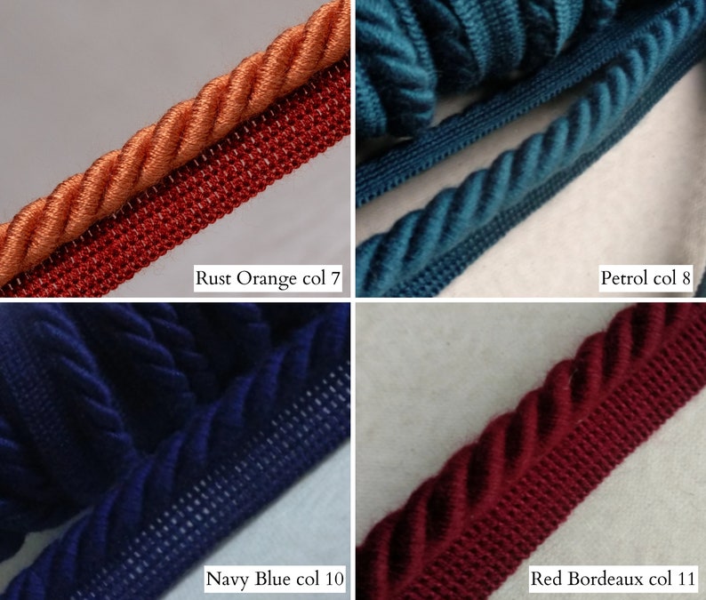 May include: Close-up of four samples of decorative rope trim in various colors. The colors include rust orange, petrol blue, navy blue, and red bordeaux. Each trim has a twisted rope design with a woven edge. The text on the image indicates the color names and codes.