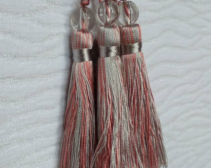 Grey Pink Mini Tassel With Beads | 9cm-3.54 inches Height With Loop | Silky Colorful Tassel