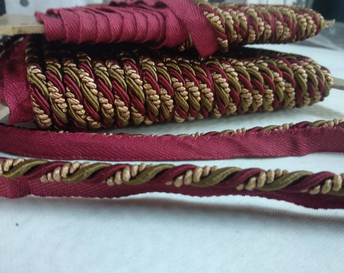 8mm or 4mm Rayon Flanged Piping Cord | Red Gold Twisted Upholstery Piping Cord by the meter