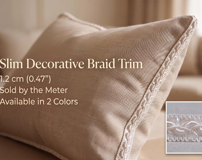Slim Gimp Braid Trim 1.2cm Upholstery Trim by the Meter | Narrow Decorative Braid for Cushions, Curtains & Furniture | Luxury Trim