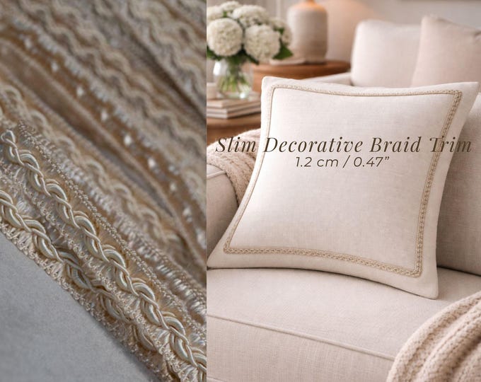 Slim Gimp Braid Trim 1.2cm Upholstery Trim by the Meter | Narrow Decorative Braid for Cushions, Curtains & Furniture | Luxury Trim