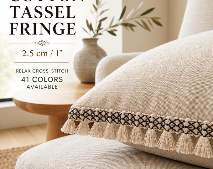 Cotton Tassel Fringe Trim 2.5cm (1") | Natural Cotton Fringe with Color Cross Stitch | Cushion Curtain Upholstery Trim by the Meter