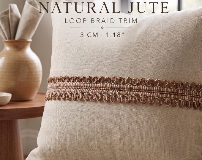 Natural Jute Loop Braid Trim 3cm | Two Tone Decorative Woven Braid | Boho Upholstery & Cushion Trim | Sold by the Meter