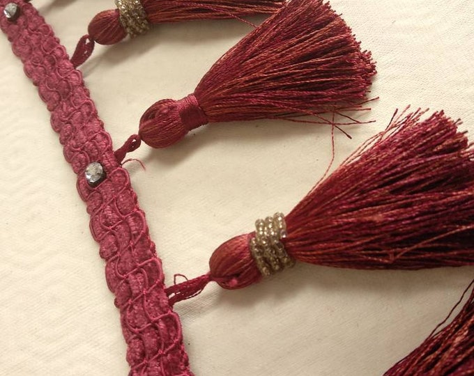 Red Wine Beaded Trim Fringe |10cm-3.94" height | Diamond Collection | Gold Fringe Trimming with crystal beads and strass