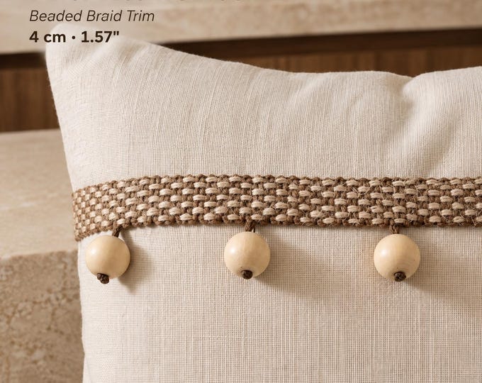 Natural Jute Braid Trim with Wooden Beads | 4cm Decorative Upholstery Trim | Cushion & Curtain Border | Sold by the Meter