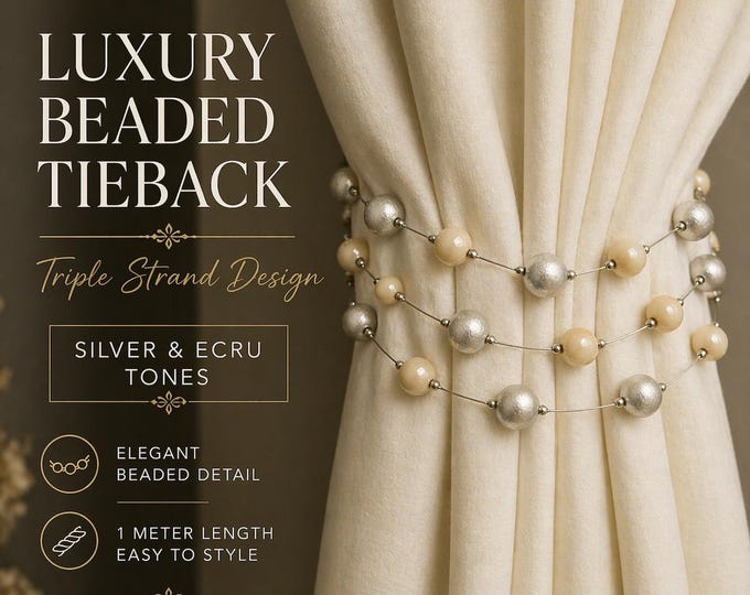 Luxury Curtain Tieback Triple Strand | Silver Ecru Beaded Curtain Holdback | Metallic Ball Drapery Tie Back | Elegant Window Decor | 1 Meter